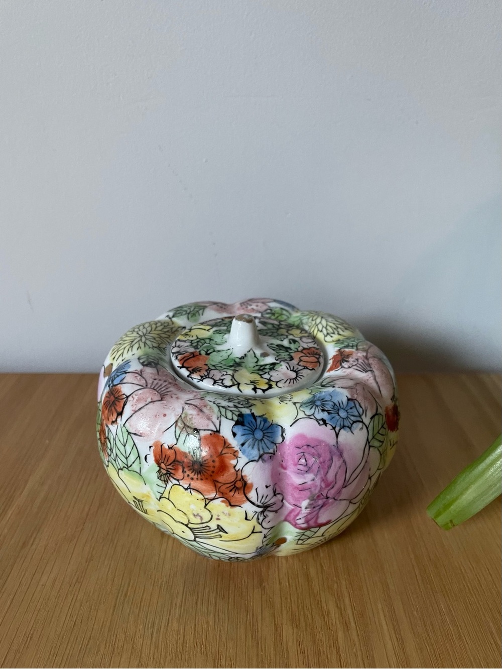 Vintage Chinese Floral Ceramic Pumpkin Lidded Jar
